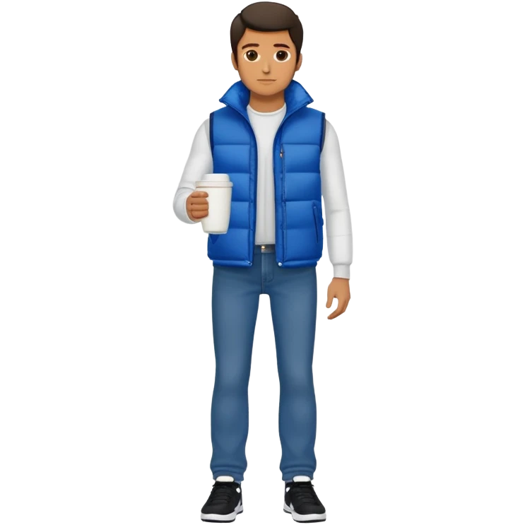 full body man with long sleeve white shirt with blue puffer winter vest with no pockets wearing straight long levi blue jeans with no cuffs and black tennis shoes holding a coffee mug in one hand in front of him and nothing in the other hand emoji
