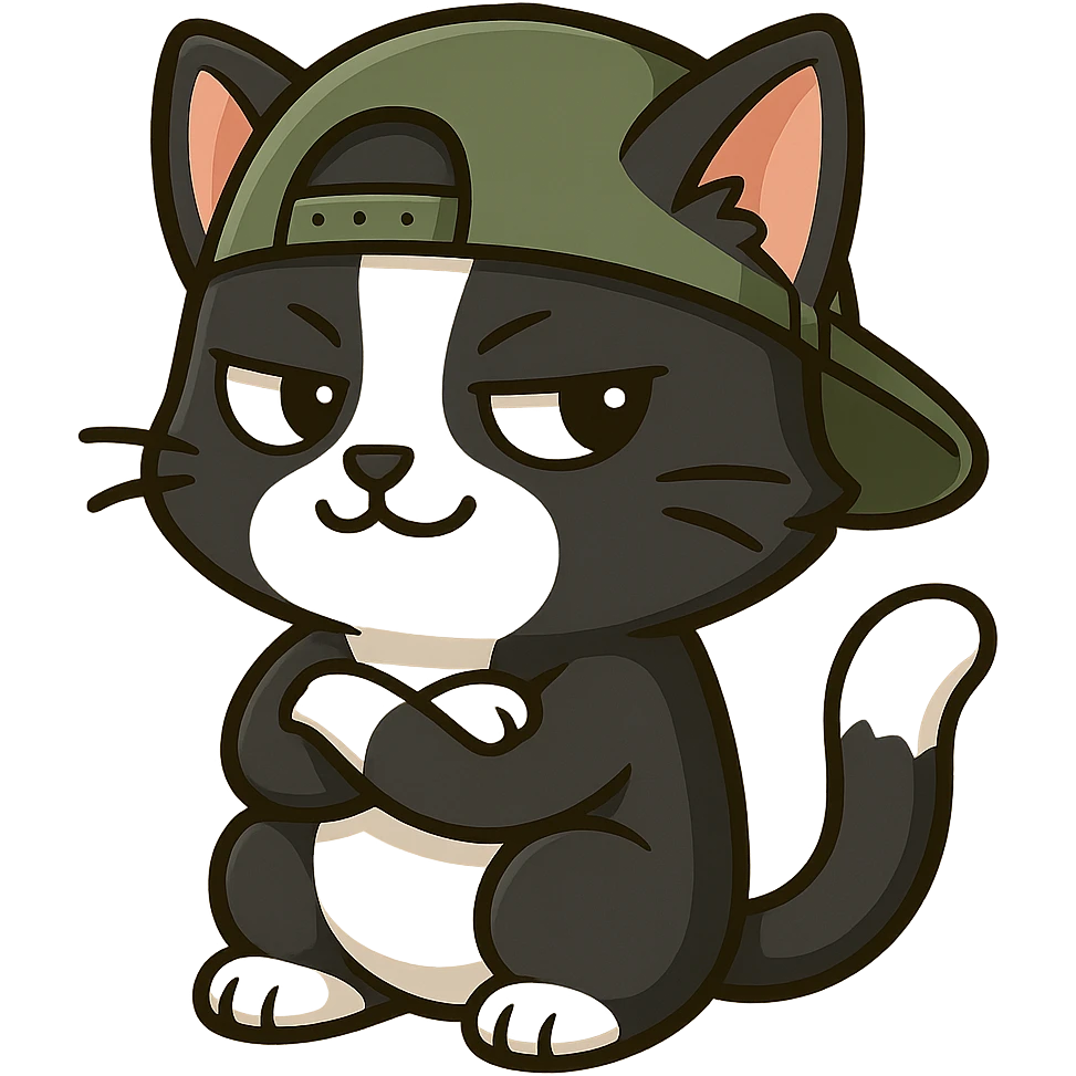 Make this cat a tuxedo cat with black and white fur, keep the playful chibi sticker style, with no background. emoji