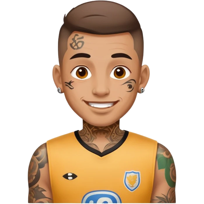 man with small face tattoos, cheerful expression, wearing a jersey emoji