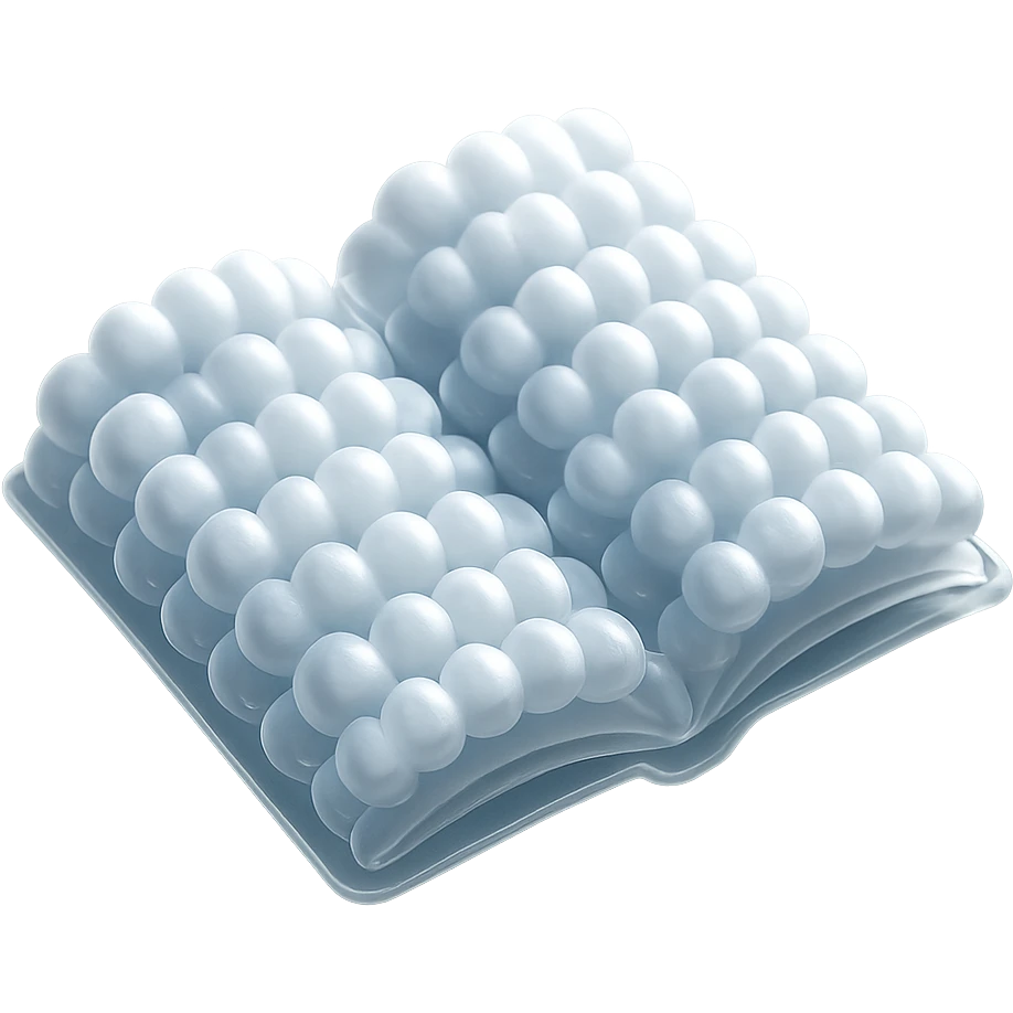 top view of a thick open book made entirely of small, very bright white fluffy convex clouds, matte glass style emoji
