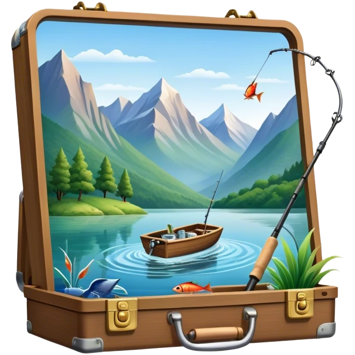 Icon for Fishing Travel: a boat on a calm lake surrounded by mountains and lush greenery, with fish jumping out of the water, a fishing rod, tackle box. The icon should capture the peaceful and adventurous nature of fishing trips. Transparent background. emoji