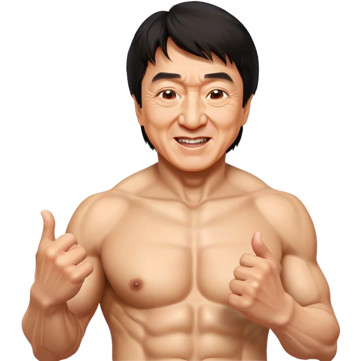 Cinematic Realistic Jackie Chan Pop Culture Emoji, depicted with playful agility and charismatic charm rendered with lifelike textures and vibrant, action‚Äêpacked lighting. emoji