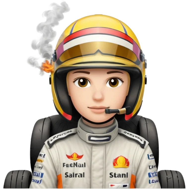 drifting car with tires smoke and a driver with a f1 helmet into the car emoji