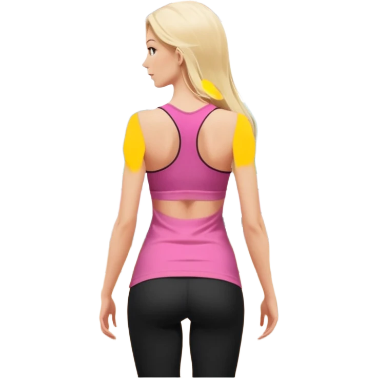 Render from knees up, view from the back, fair skinned woman, thin, long blond hair, cooking dinner in kitchen, pink loose tank top, showing natural B cup breast shape SFW, black yoga pants, perfect booty, looking back emoji