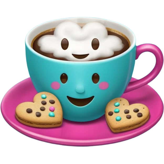 cup of coffee, steaming, the smoke should come out in the shape of a heart, the color of the cup is fuchsia, the cup has a happy face printed on it, the cup rests on a turquoise blue plate, and there are cookies and sugar cubes around the cup. emoji