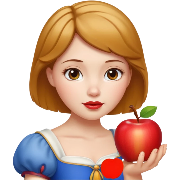 Create an emoji of Snow White holding a red apple, with short golden-brown hair. emoji