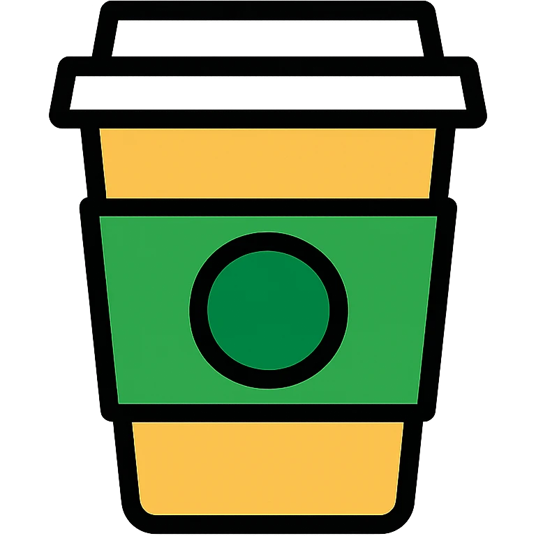 Starbucks coffee cup, flat vector style, green circle logo, simple and clean emoji