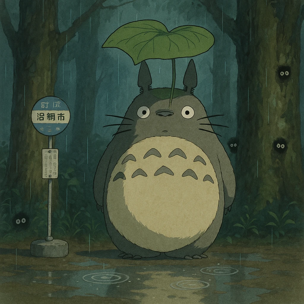Totoro waiting at a misty forest bus stop, holding a giant leaf umbrella, while tiny soot sprites peek out from tree trunks nearby and raindrops ripple in puddles at his feet. emoji