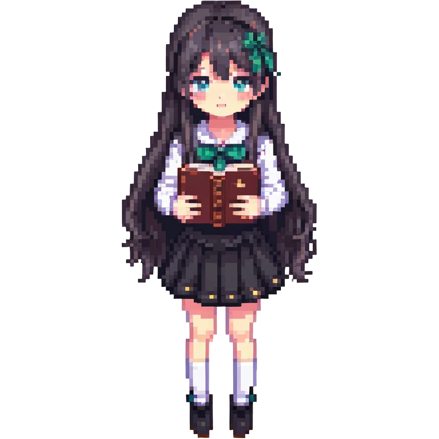 Japanese anime schoolgirl with long hair holding a book in pixel art style emoji
