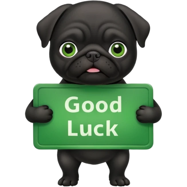 black pug holding a green sign that says good luck emoji