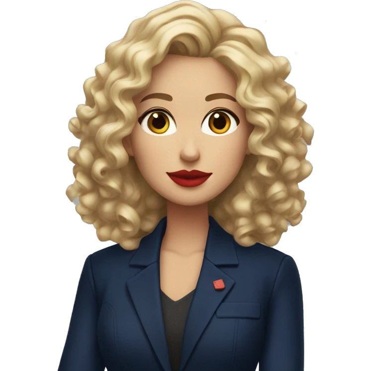 Professional woman with curly blond hair and red lipstick with a navy jacket emoji