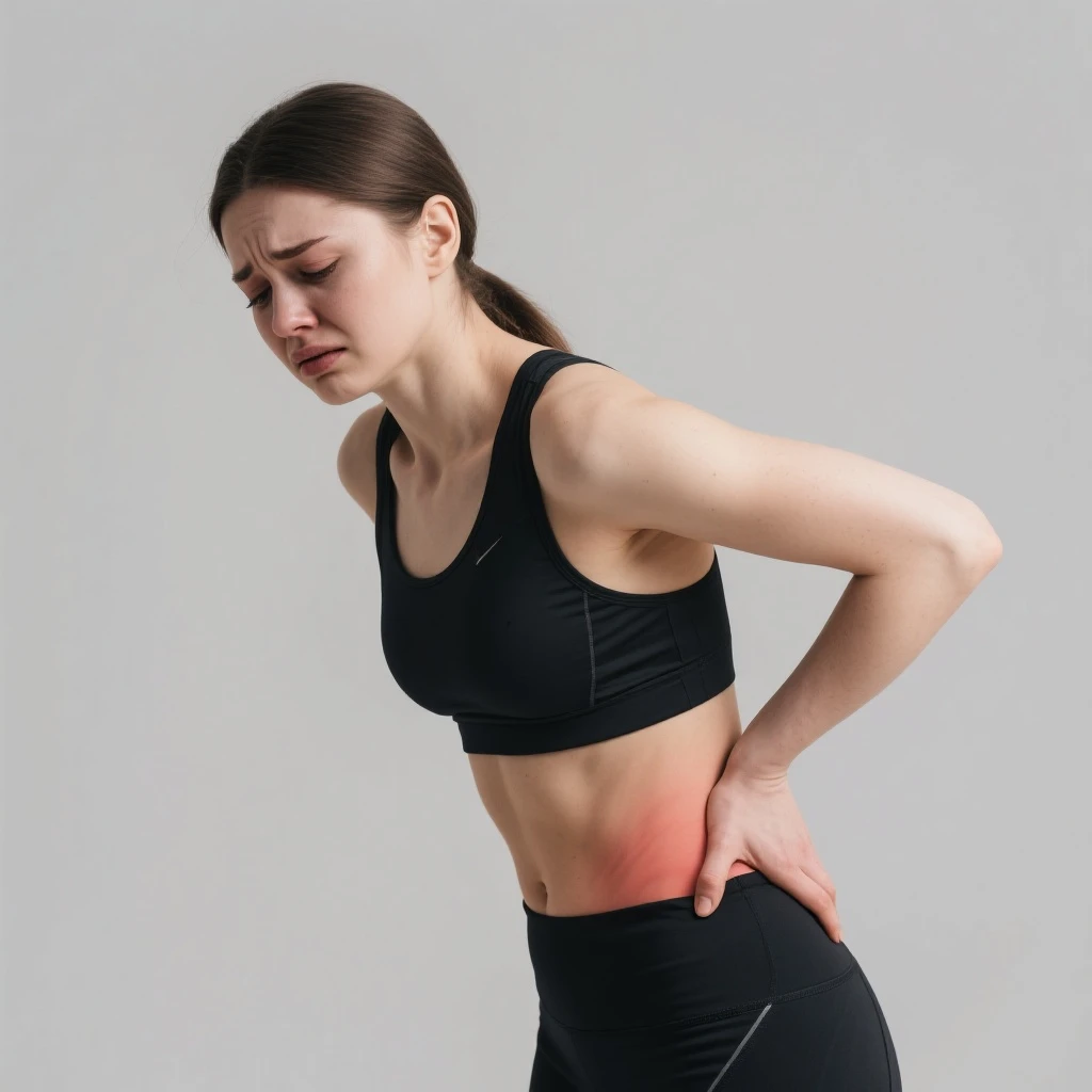 Donna in abbigliamento sportivo, che mostra dolore all'anca destra, con una mano sulla zona dell'anca e espressione sofferente, sfondo neutro emoji