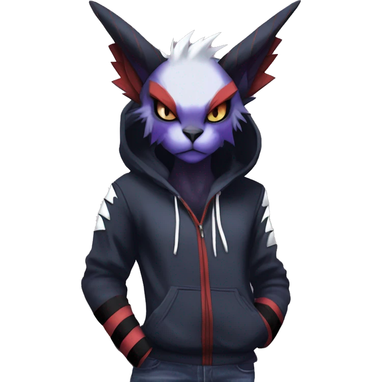 Cool Anthro Dark Absol-Noivern-Quilava-Litten-Pokémon with edgy stripes hoodie spiked collar punk Full Body emoji