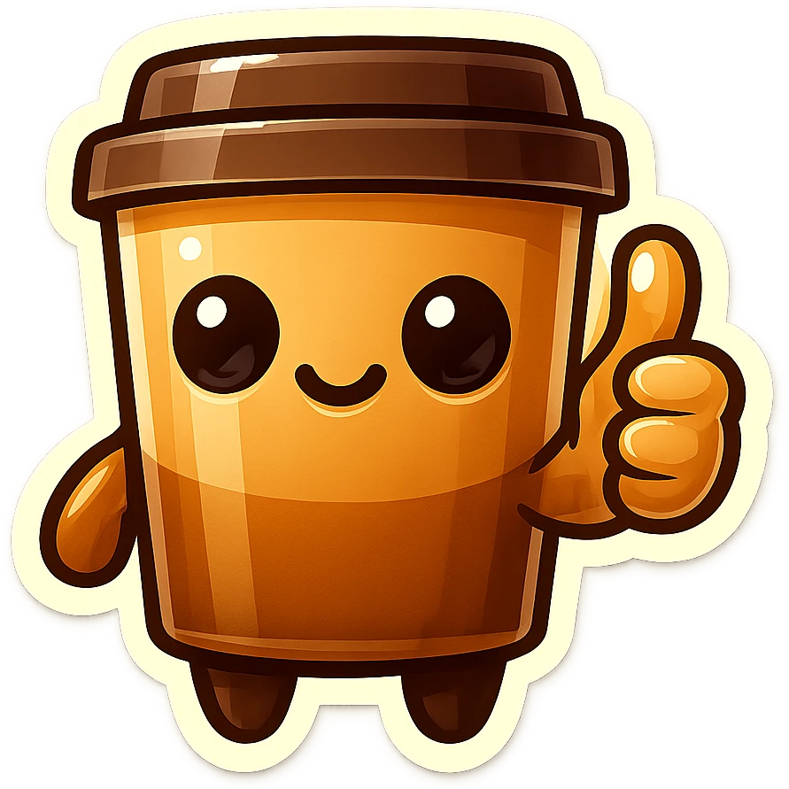 Tall coffee cup, no mouth, big thumbs up emoji