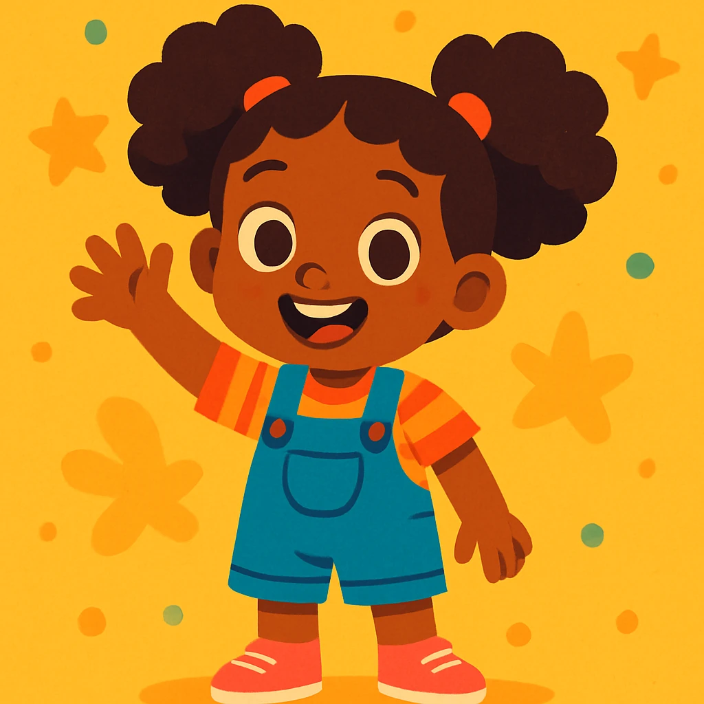 una niña morena de piel con ojos marrones y pelo afro, estilo ilustración colorida y amigable emoji
