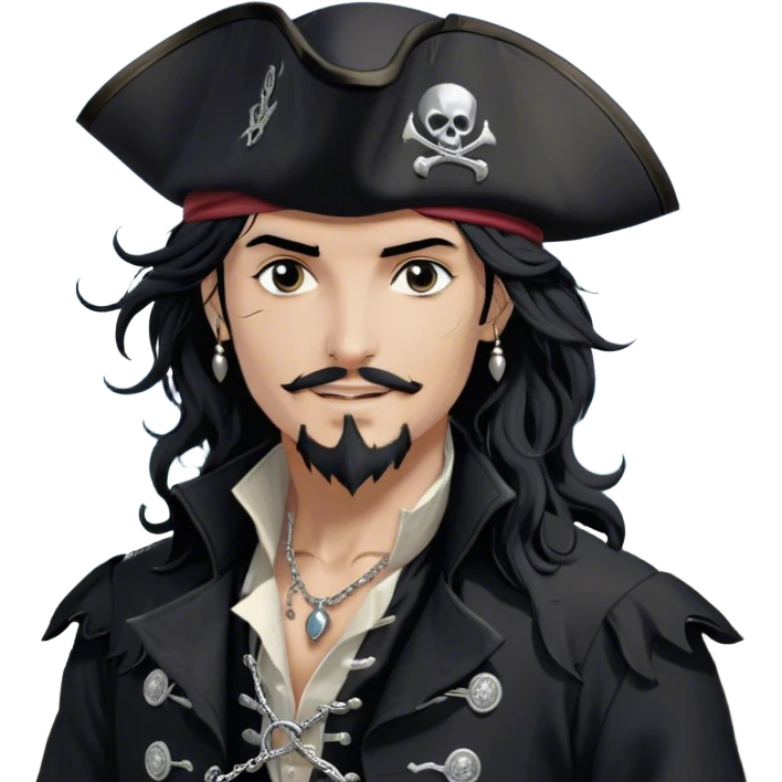 A charismatic pirate with wavy black hair tousled by the sea breeze. His black tricorn hat, embroidered with silver, casts a shadow over his confident features. Dark eyes glint with mischief as he gazes to the side, a knowing smile on his lips. His fitted black coat, adorned with silver buttons. A silver chain dangles from his belt emoji
