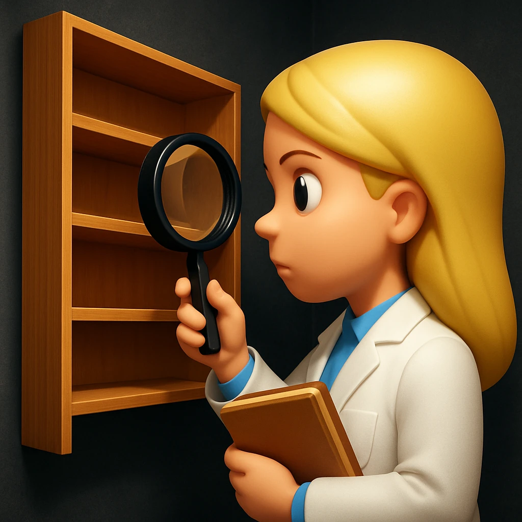 emoji of white empty shelf in perspective view with a standing woman nearby, she is looking at the shelfs with a magnifying glass, she is turned to the shelfs, emoji style, adjust the perspective to be more dramatic, with a different background emoji