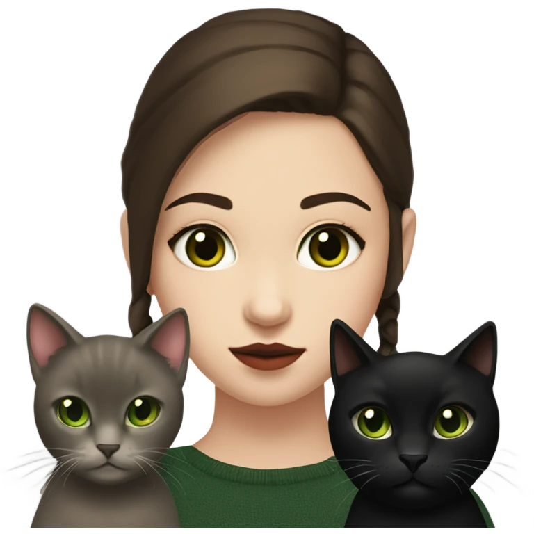 A teenage girl with white skin, she have some green hazel eyes, red lipstick, mid long straight dark brown hair, she have an eyeliner and she is holding a black cat in her arms, view from close emoji