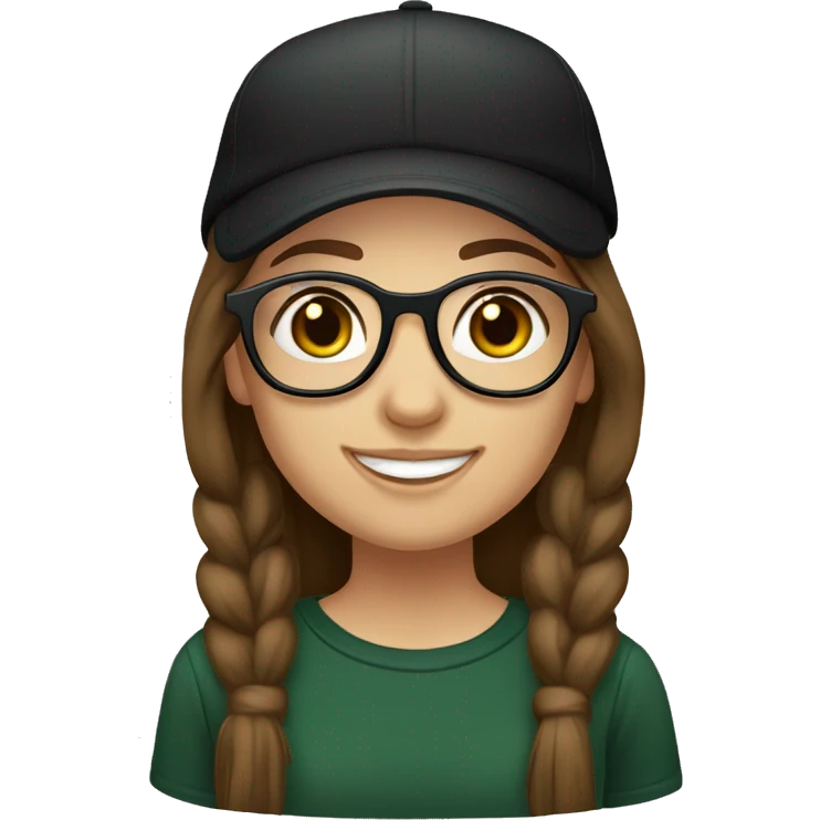 Slavic girl, light skin, smiling with teeth, round brown eyes, spotted frame glasses, long brown straight hair, black T-shirt, dark green cap, black badge ribbon. emoji