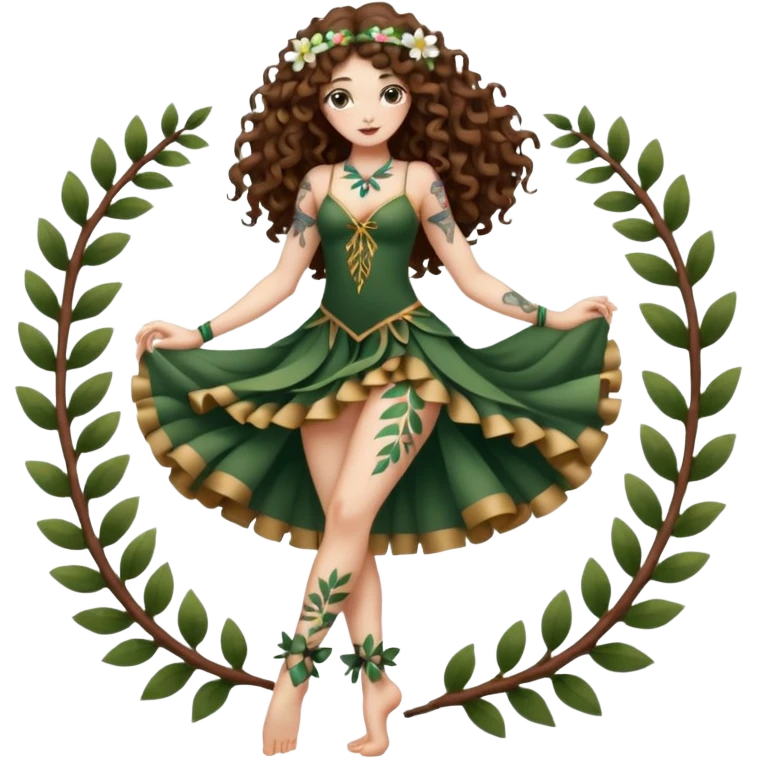 full body woman long curly brown hair brown eyes white skin tattoos forest nymph dancer pose, petal ribbons around legs emoji