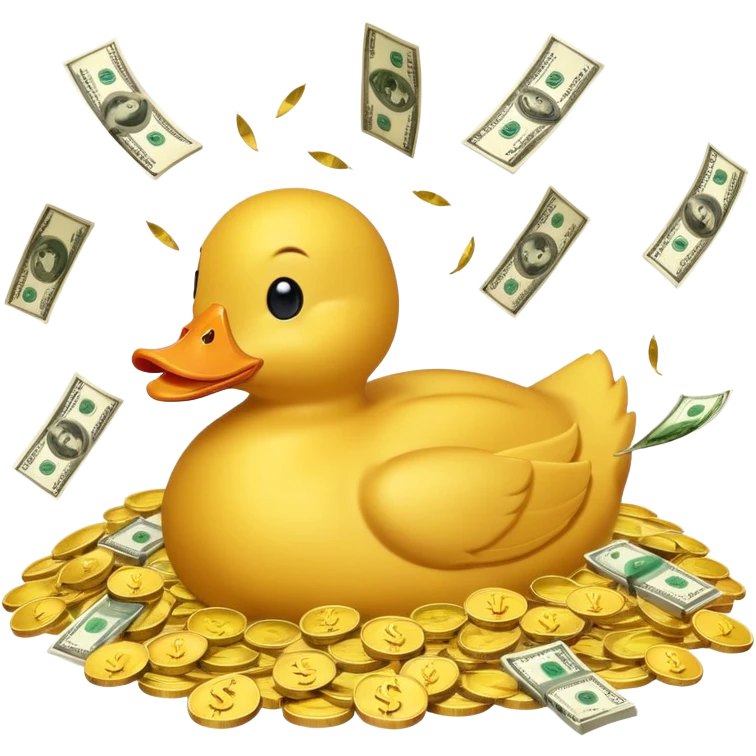 Yellow duck swimming in a pile of gold coins and dollar bills emoji