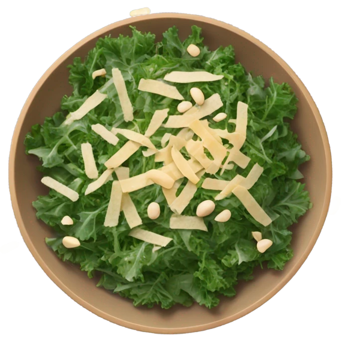 Shredded kale topped with pine nuts and shredded cheese in a large salad bowl emoji
