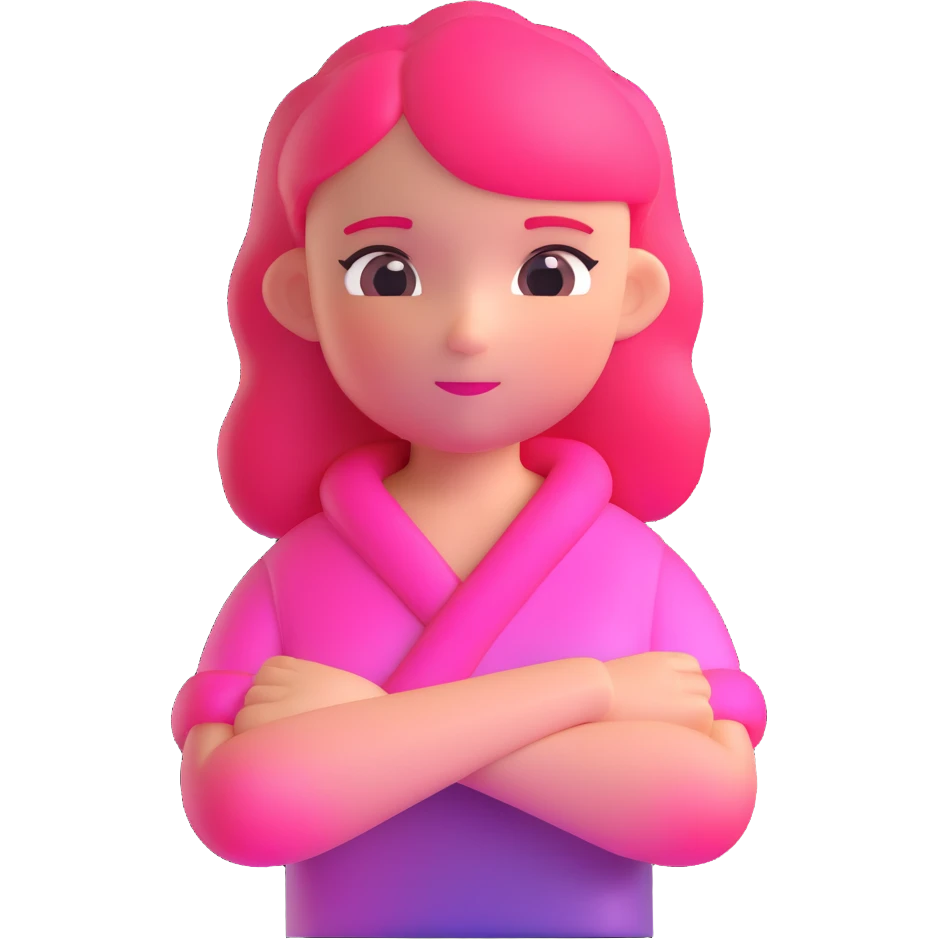 Shy girl character with arms crossed, transparent glass style, bright pink gradient, soft shadows and highlights, minimalist cute design emoji