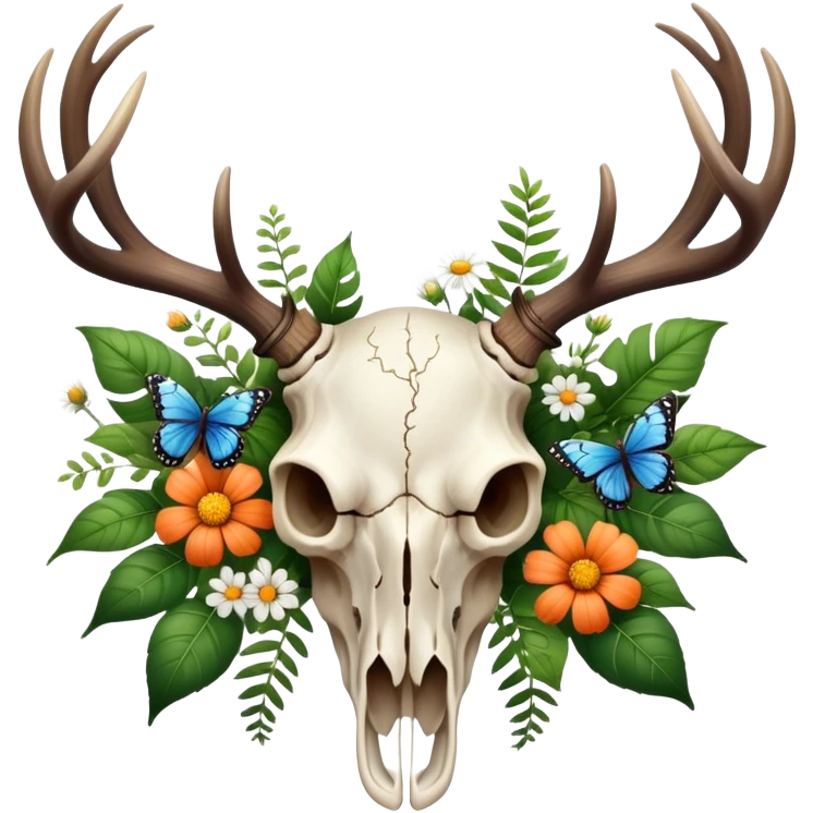 Elk skull with plants, flowers, butterflies  emoji