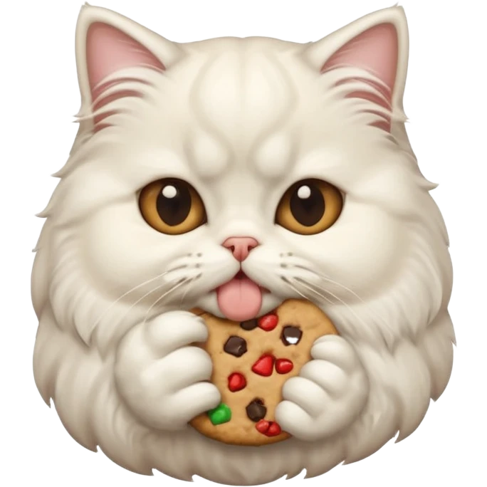 white Persian cat with a cookie in its mouth, emoji style emoji