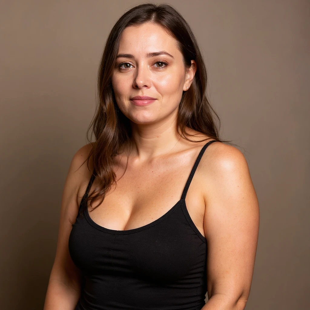 Hyperrealistic vertical portrait inspired by the reference photo: a woman with significant cellulite, visible face showing a desperate and tired expression, identical pose to the photo, extremely detailed skin with realistic texture, natural shadows, neutral background, vertical composition. emoji