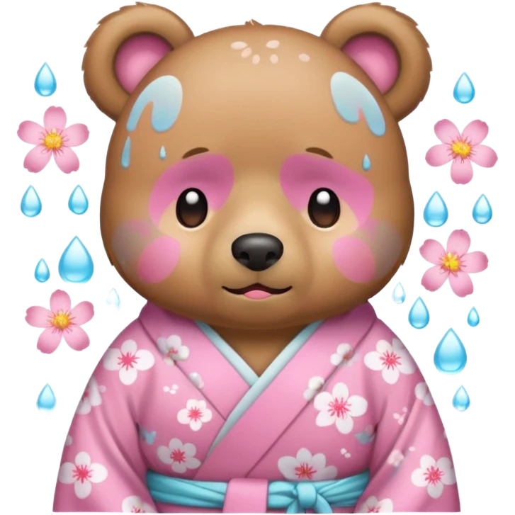 A cute light-brown bear wearing a pastel pink sakura-patterned kimono, normal balanced body ratio.  
Crying heavily with big teardrops streaming down the face, trembling lips and watery eyes.  
Kawaii emoji style, minimalistic clean sticker illustration, white background. emoji