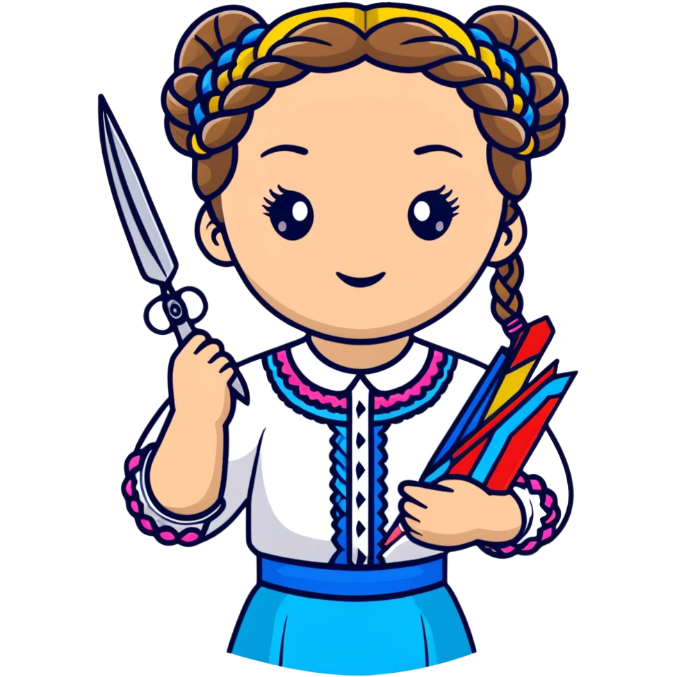 Ukrainian young girl with braided hair wearing a white embroidered traditional shirt (vyshyvanka) holding scissors and colorful craft paper emoji