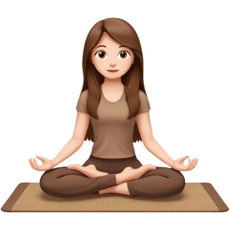 Brown long hair, white skin European girl sitting on a beige rug doing yoga, brown clothes emoji