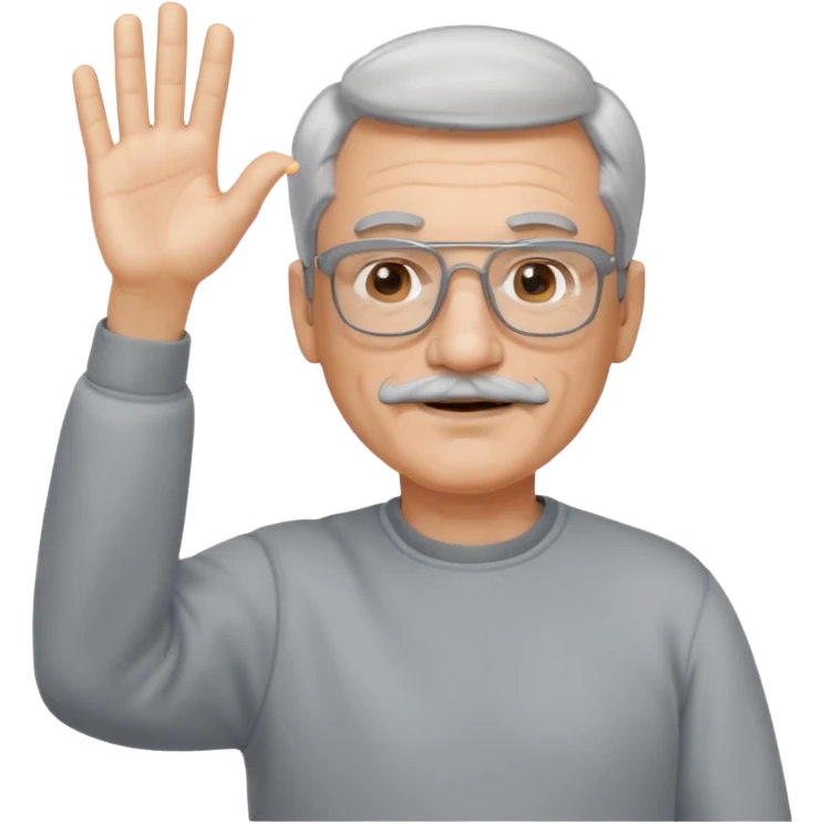 60 yr man with partially gray hair, mustache, light glasses, sweatshirt, waving hello emoji