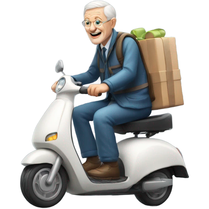 Old white man on e-scooter delivering a cake emoji