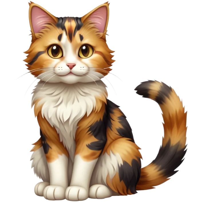 cinematic-[calico tabby cat]-realistic-full-body-sitting-emoji,-tail-curled-playfully-around-its-paws,-head-tilted-dramatically,-scruffy-[calico]-fur,-simplified-yet-realistic-focused-features,-highly-detailed,-glowing-with-an-almost-sarcastic-glow emoji