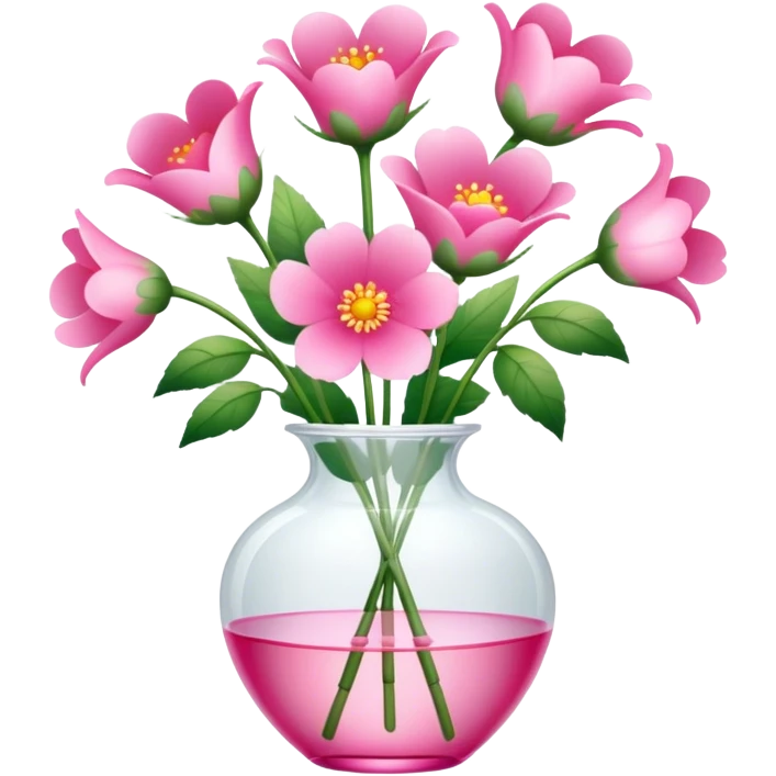 a transparent vase with flowers and the flowers should be in the shape of pink hearts, of which there should be 7 emoji
