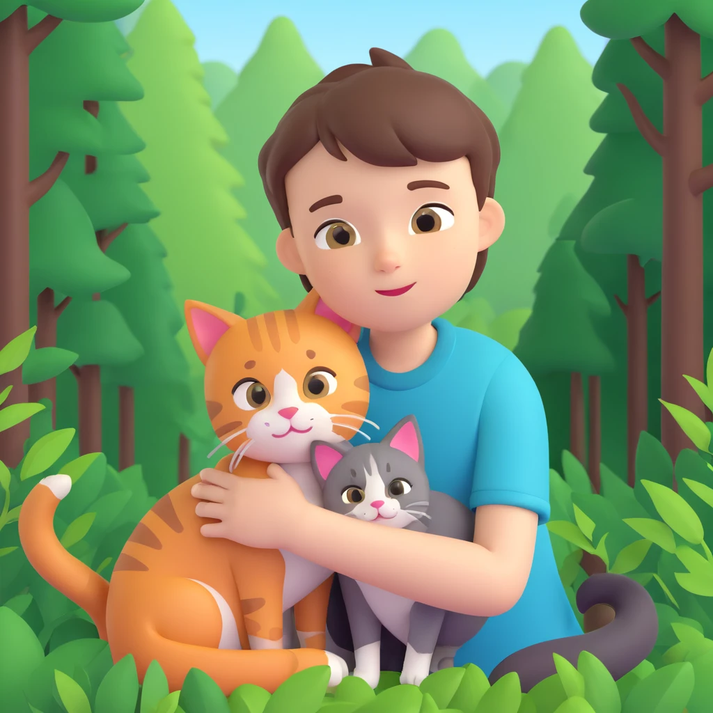 boy and cat pet in forrest background, close up pose emoji