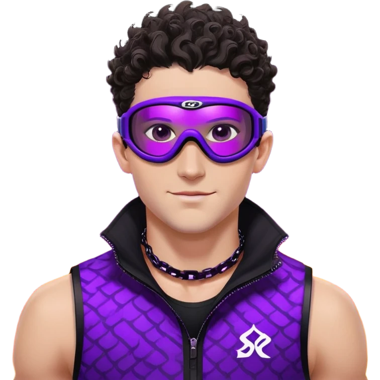 close-up of male athlete with white skin and moderately curly dark brown hair on top with shaved sides, wearing ski goggles with purple frames and very dark black lenses, a simple plain black chain necklace, and a completely unzipped sleeveless vest with purple and black sequin fire pattern design with no logo, with an arrogant smug smirk on his face, looking confident and cocky emoji