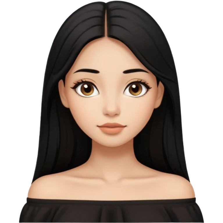 A realistic 3D avatar of a young woman with a soft oval face, slim cheeks, natural almond eyes, long straight black hair, minimal makeup, wearing a black off-shoulder top, elegant and aesthetic, brown skintone, add nosepin at left side.  emoji