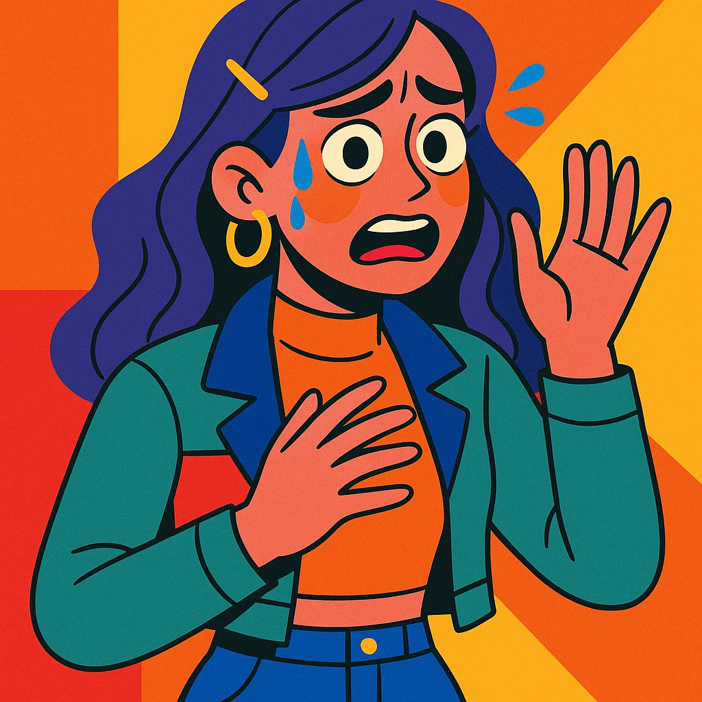a stylish girl with anxious expressions, modern fashion, expressive face, vibrant colors emoji