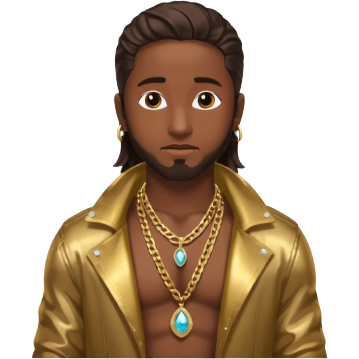 Omarion with long dark brown hair, shirtless with necklace, metallic bronze jacket emoji