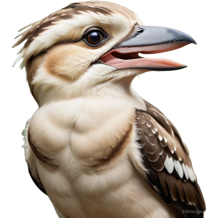 Cinematic Cute Yawning Kookaburra Portrait Emoji, Head tilted slightly with a dramatic, wide-open yawn, showcasing a soft, downy brown plumage with gently drooping wings and a relaxed beak, round eyes barely open in drowsy contentment, Simplified yet irresistibly adorable features, highly detailed, glowing with a soft, cozy glow, high shine, relaxed yet expressive, stylized with a touch of bushland charm, bright and endearing, soft glowing outline, capturing the essence of a sleepy yet affectionate kookaburra, so drowsy it feels like it could flutter out of the screen and curl up for a nap! emoji