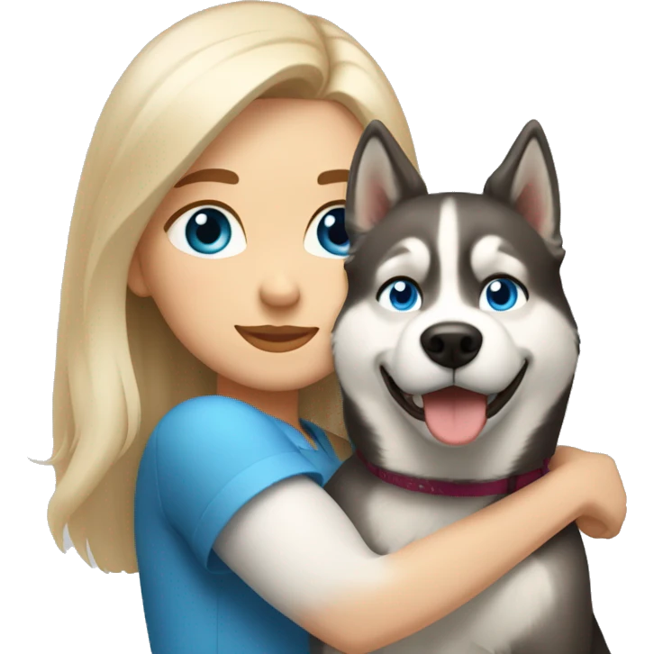a girl with blue eyes and light-blond hair hugs a husky dog ​​with brown eyes emoji