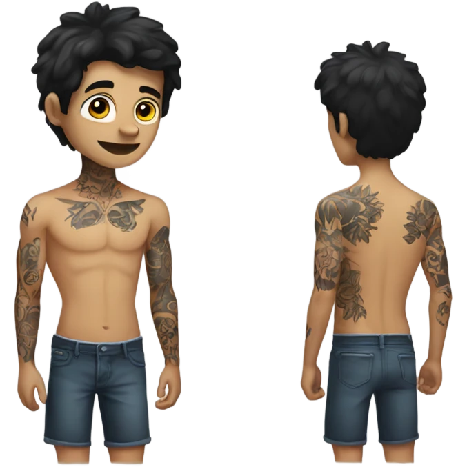 Black hair white male shirtless with tattoos emoji
