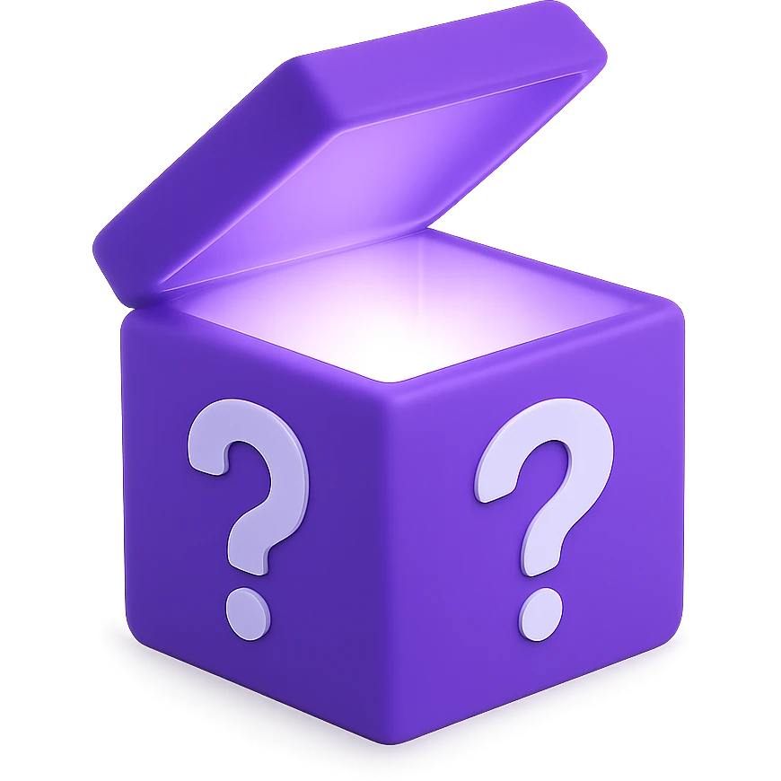 purple mystery box with a shiny glow coming from inside, question mark on the sides emoji
