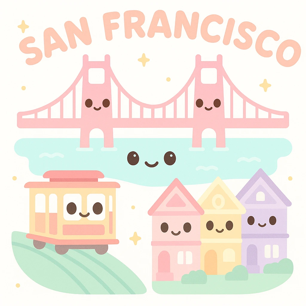 {
  "style_description": {
    "overall_look": "Cute, minimal, and soft with a friendly and playful tone",
    "material_simulation": {
      "primary_material": "flat digital color",
      "texture_detail": "smooth surfaces with no texture or shading",
      "pattern": "none or very simple decorative accents (e.g., hearts, stars)"
    },
    "geometry": {
      "edge_style": "rounded, soft curves with no sharp angles",
      "dimensionality": "flat two-dimensional appearance with simple shapes"
    },
    "color_palette": {
      "scheme": "pastel and light tones",
      "preferred_colors": ["pink", "mint", "lavender", "baby blue", "peach"],
      "contrast": "low contrast with bright accents"
    },
    "facial_features": {
      "eyes": "large, sparkly, often oval or circular",
      "mouth": "small, often a simple curve or dot",
      "expression": "joyful, innocent, or calm"
    },
    "lighting": {
      "type": "none or implied with soft highlights",
      "purpose": "maintain a clean and cheerful look"
    },
    "render_constraints": {
      "avoid": ["realistic shading", "high detail", "dark themes", "texture noise"],
      "focus_on": ["cute expression", "iconic simplicity", "emotional warmth"]
    },
    "background": {
      "color": "white or soft pastel",
      "style": "plain or patterned with simple icons (e.g., polka dots, stars)",
      "lighting_consistency": "no shadows, evenly lit feel"
    }
  }
}

{subject} = san francisco emoji