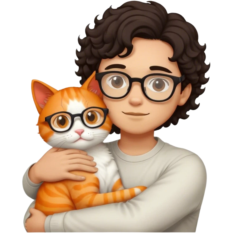 Boy with curl dark hair and glasses hugs white and orange cat emoji