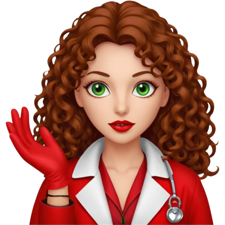 Spanish sexy evil woman. She has green eyes.  had brown long curly hair.  evil surgeon kills with needle wears red sexy doctor coat with red long mouth cover red gloves.  emoji