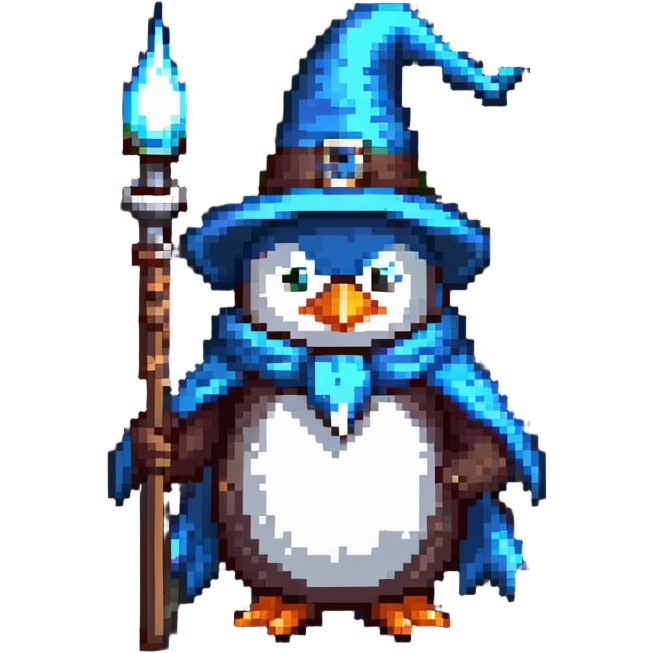 penguin wizard with pointy hat and staff emoji
